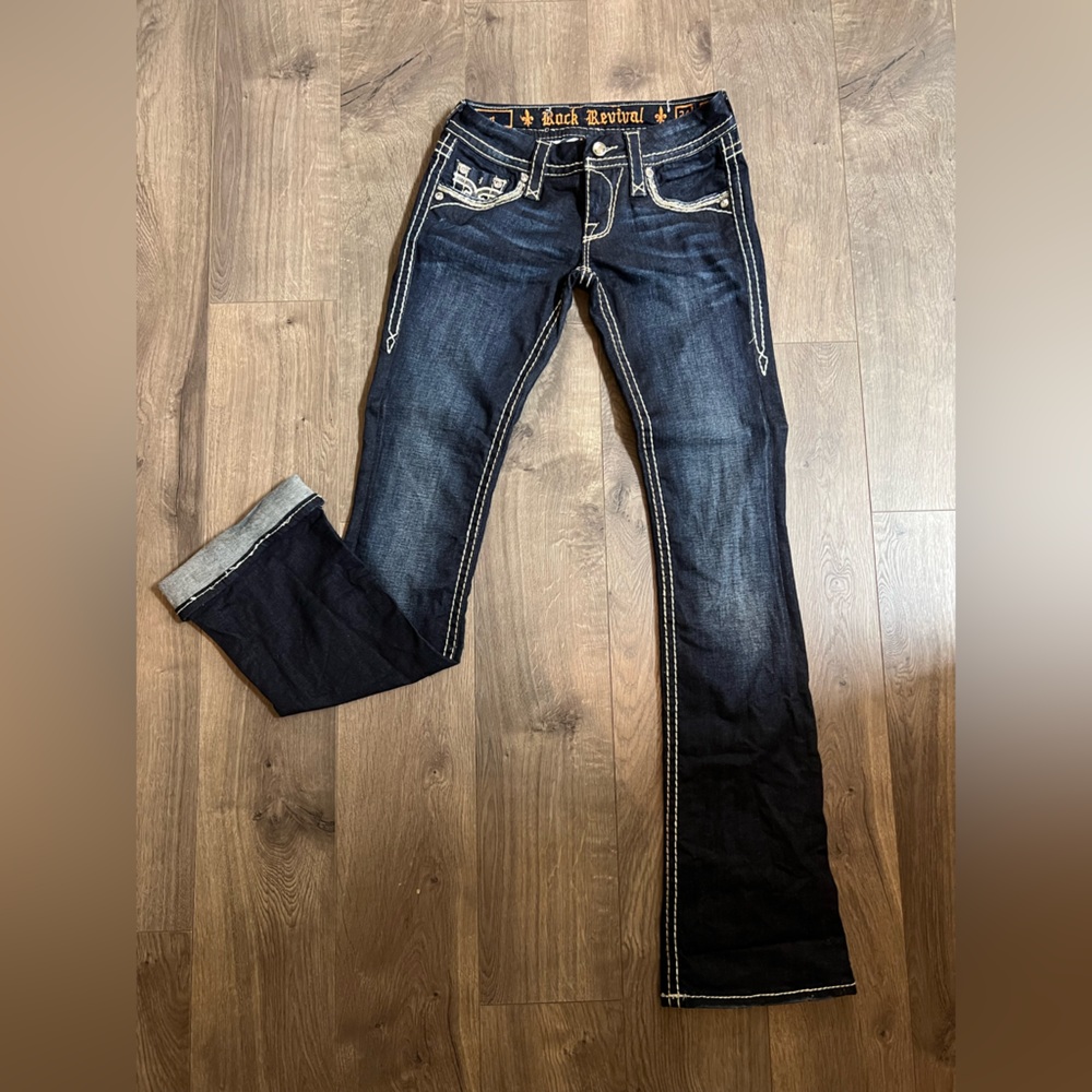 Rock Revival Dark Wash Flare Jeans with White Contrast Stitching